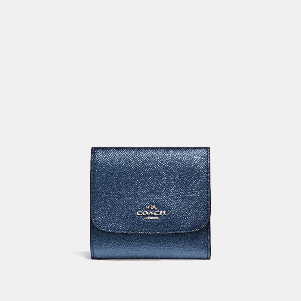 SMALL WALLET IN METALLIC CROSSGRAIN LEATHER - COACH f21069 - SILVER/METALLIC NAVY