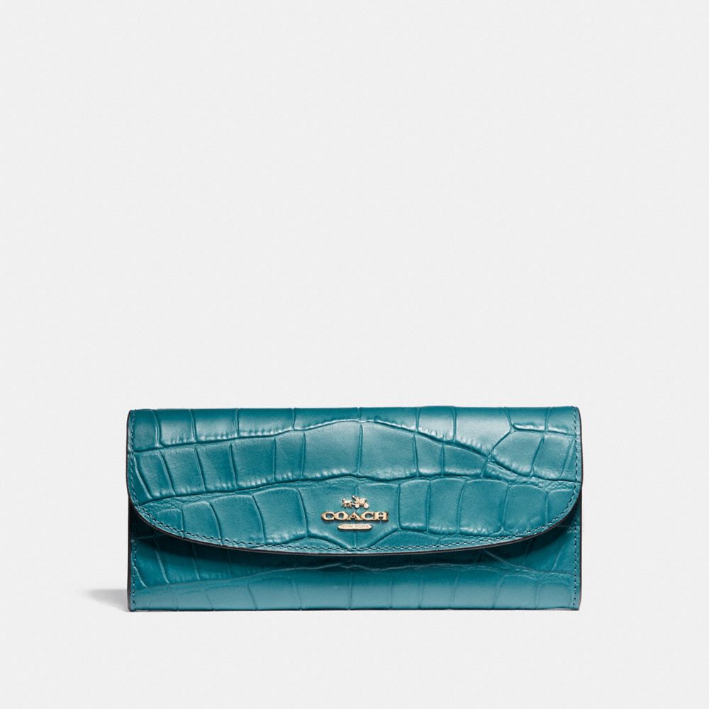 SOFT WALLET IN CROCODILE EMBOSSED LEATHER - COACH f21830 - LIGHT  GOLD/DARK TEAL