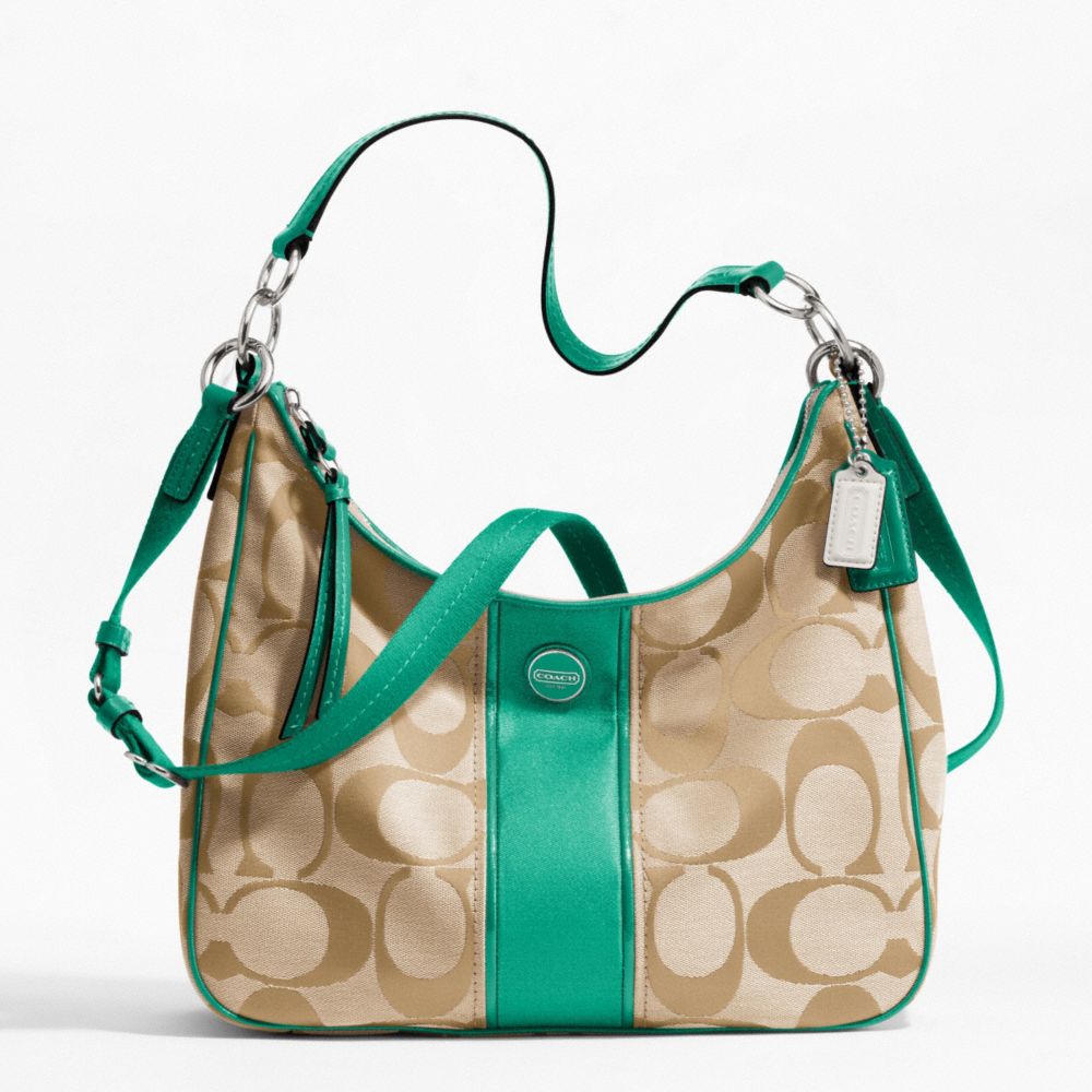 COACH SIGNATURE STRIPE CONVERTIBLE HOBO - SILVER/LT KHAKI/BRIGHT JADE - F21873