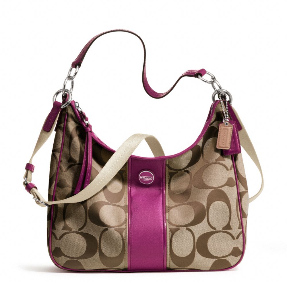 SIGNATURE STRIPE CONVERTIBLE HOBO - COACH f21873 - SILVER/KHAKI/PASSION BERRY