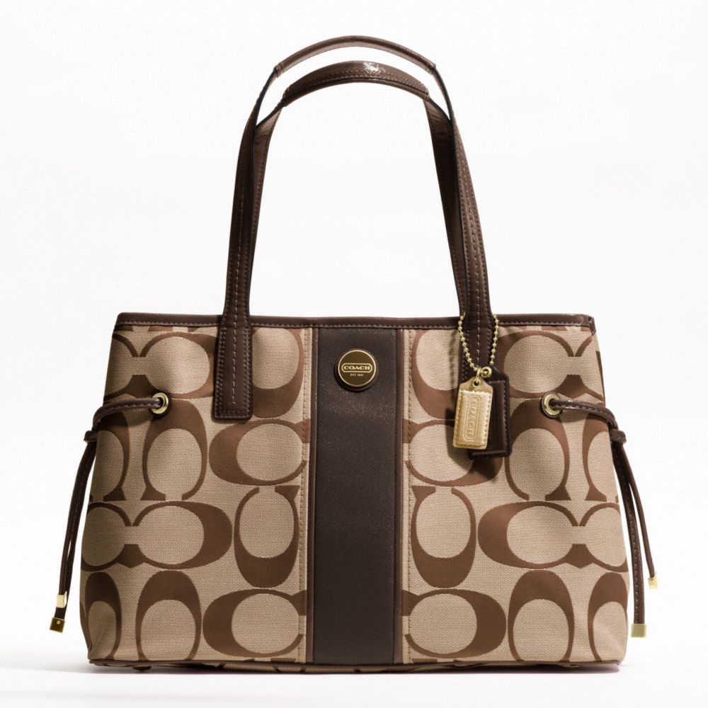 COACH SIGNATURE STRIPE CARRYALL - BRASS/KHAKI/MAHOGANY - F21949