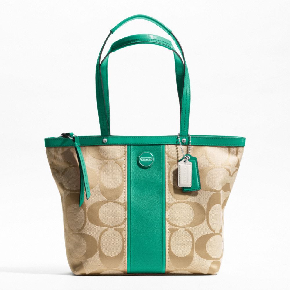 COACH SIGNATURE STRIPE TOTE - SILVER/LT KHAKI/BRIGHT JADE - F21950