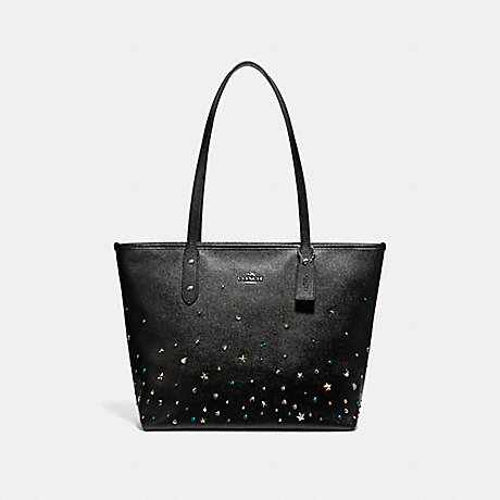 COACH CITY ZIP TOTE WITH STARDUST STUDS - SILVER/BLACK - f22299