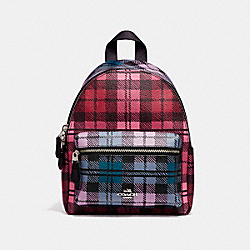 COACH MINI CHARLIE BACKPACK WITH SHADOW PLAID PRINT - SILVER/RED MULTI - F22351