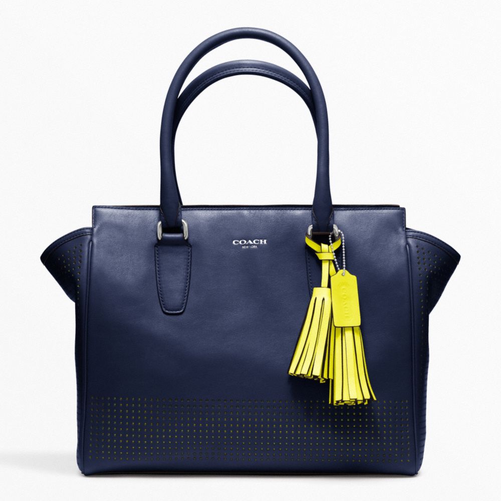 COACH PERFORATED LEATHER MEDIUM CANDACE CARRYALL - SILVER/NAVY/BRIGHT CITRINE - F22390