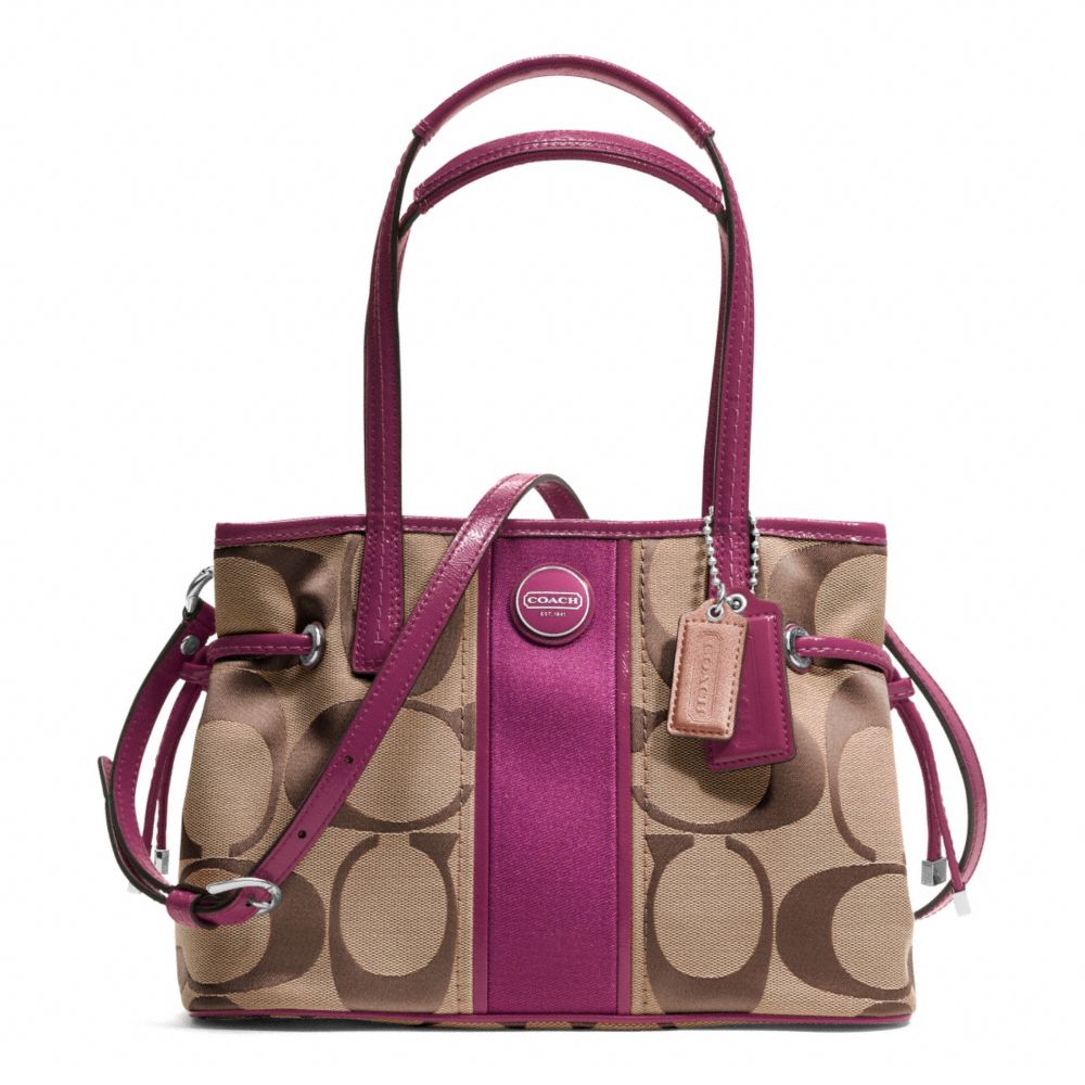 SIGNATURE STRIPE MINI CARRYALL - COACH f22907 - SILVER/KHAKI/PASSION BERRY