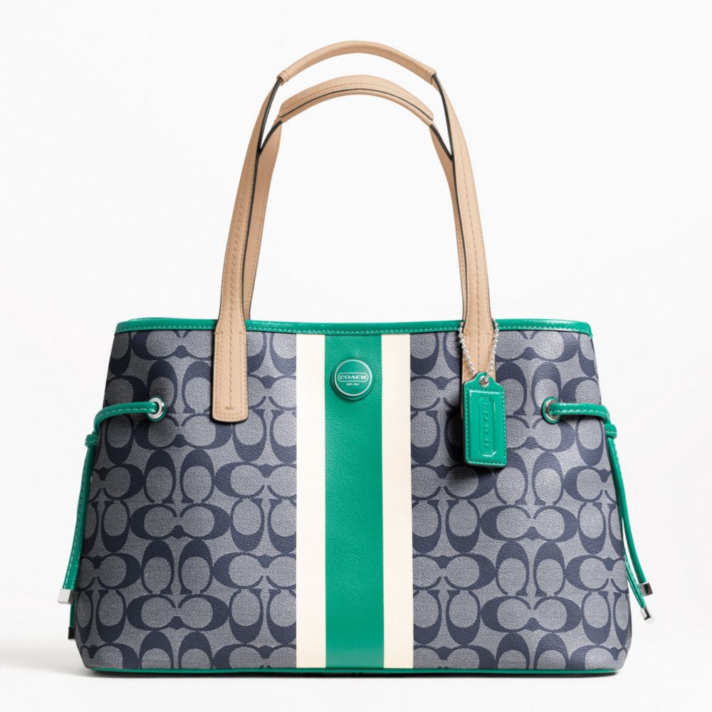 SIGNATURE STRIPE PVC STRIPE CARRYALL - COACH f22908 - SILVER/NAVY/BRIGHT JADE