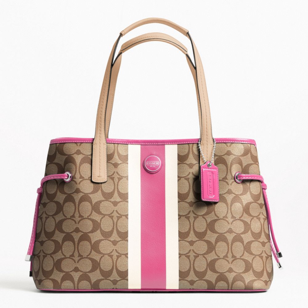 COACH SIGNATURE STRIPE PVC STRIPE CARRYALL - SILVER/KHAKI/MULBERRY - F22908