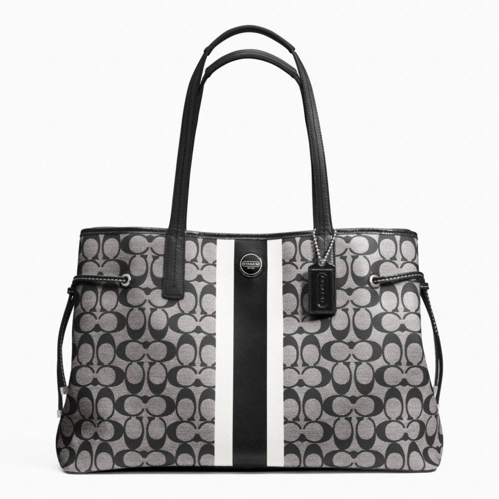 SIGNATURE STRIPE PVC LARGE CARRYALL - COACH F23049 - SILVER/BLACK/WHITE/BLACK