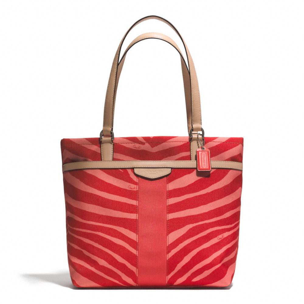 SIGNATURE STRIPE ZEBRA PRINT TOTE - COACH f23283 - SILVER/HOT ORANGE/TAN