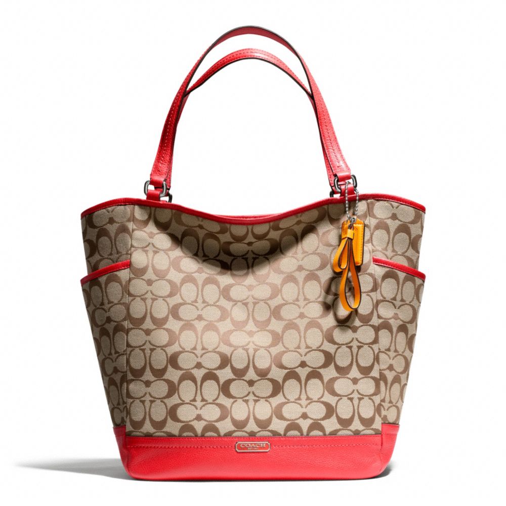 COACH PARK SIGNATURE NORTH/SOUTH TOTE - SILVER/KHAKI/VERMILLION - F23295