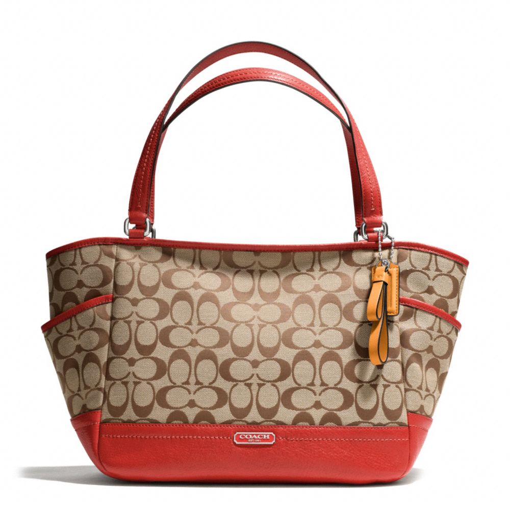 PARK CARRIE TOTE IN SIGNATURE FABRIC - COACH f23297 -  SILVER/KHAKI/VERMILLION