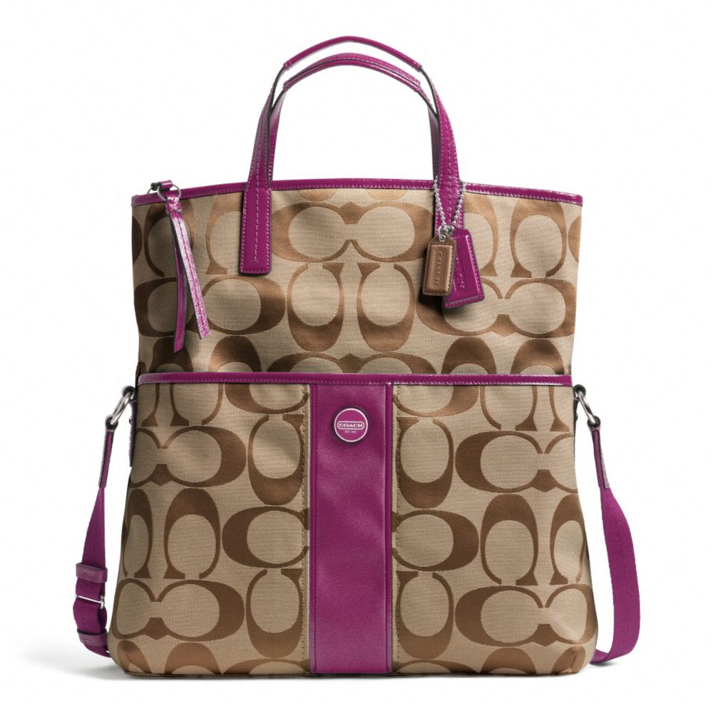 COACH SIGNATURE STRIPE FOLDOVER TOTE - SILVER/KHAKI/PASSION BERRY - F23304