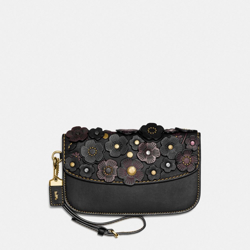 COACH CLUTCH WITH SMALL TEA ROSE - BLACK/OLD BRASS - F23536