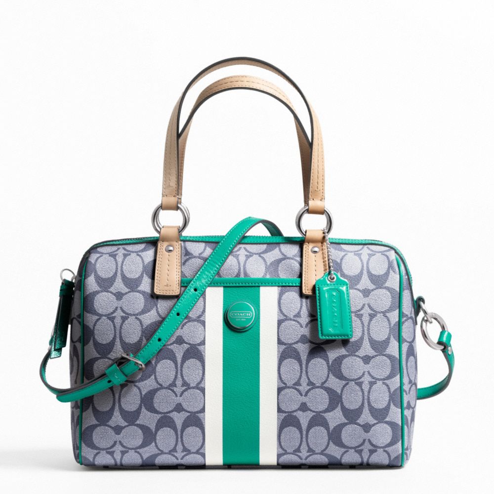 SIGNATURE STRIPE PVC STRIPE SATCHEL - COACH f24362 - SILVER/NAVY/BRIGHT JADE