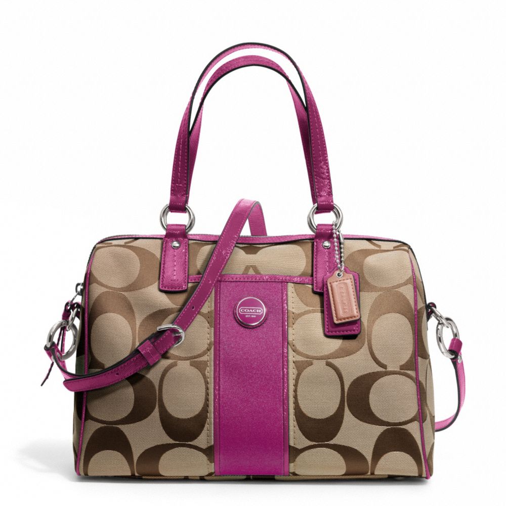 COACH SIGNATURE STRIPE SATCHEL - SILVER/KHAKI/PASSION BERRY - F24364