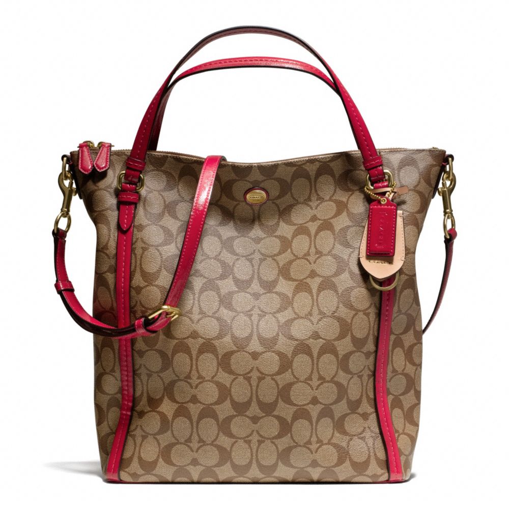 COACH PEYTON SIGNATURE CONVERTIBLE SHOULDER BAG - BRASS/KHAKI/RED - F24601