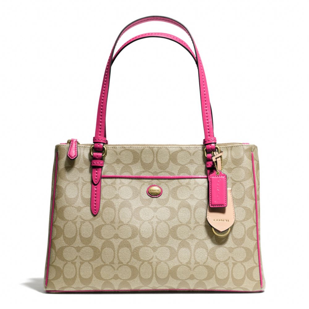 COACH PEYTON JORDAN DOUBLE ZIP CARRYALL IN SIGNATURE FABRIC - BRASS/LT KHAKI/POMEGRANATE - F24603