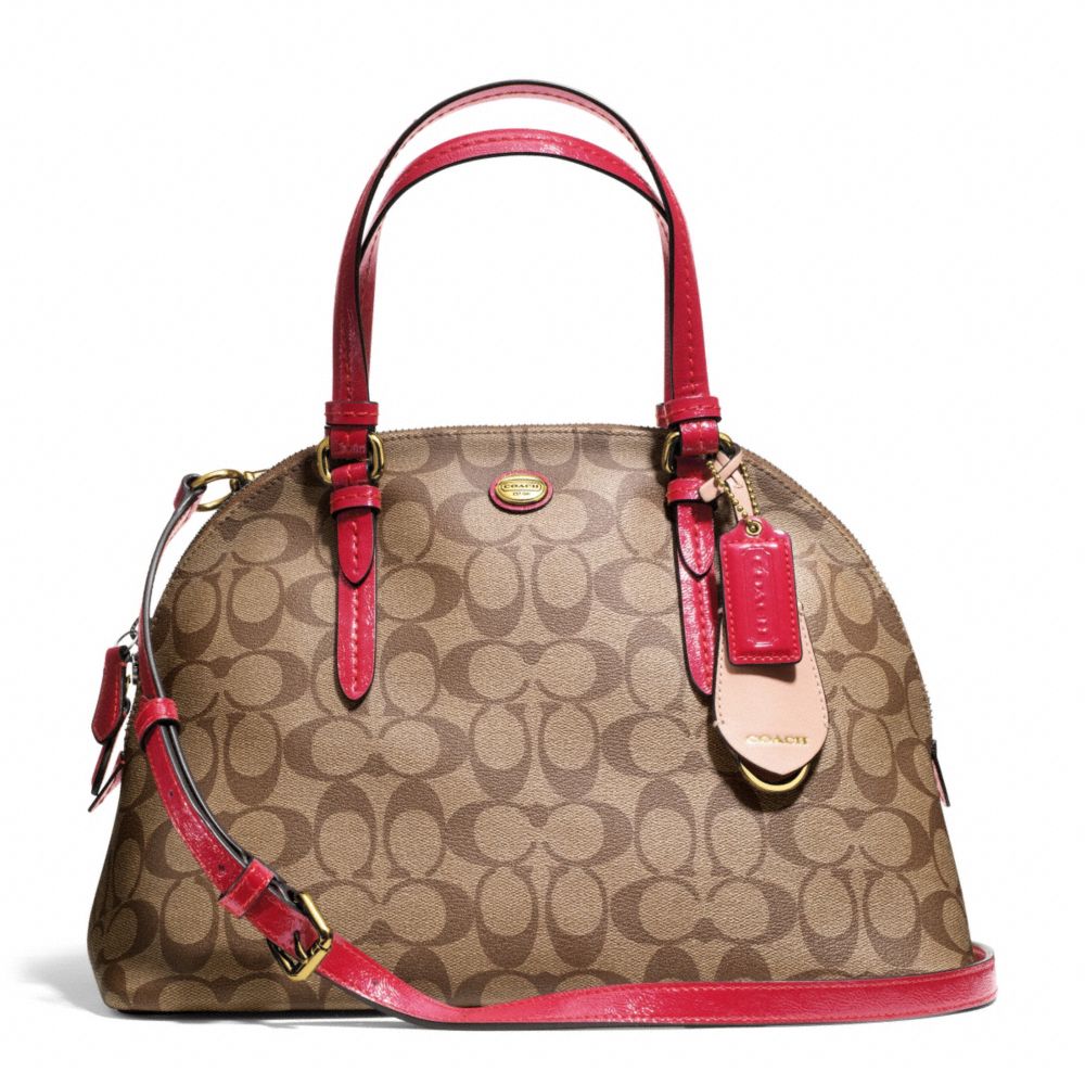 COACH PEYTON SIGNATURE CORA DOMED SATCHEL - BRASS/KHAKI/RED - F24606