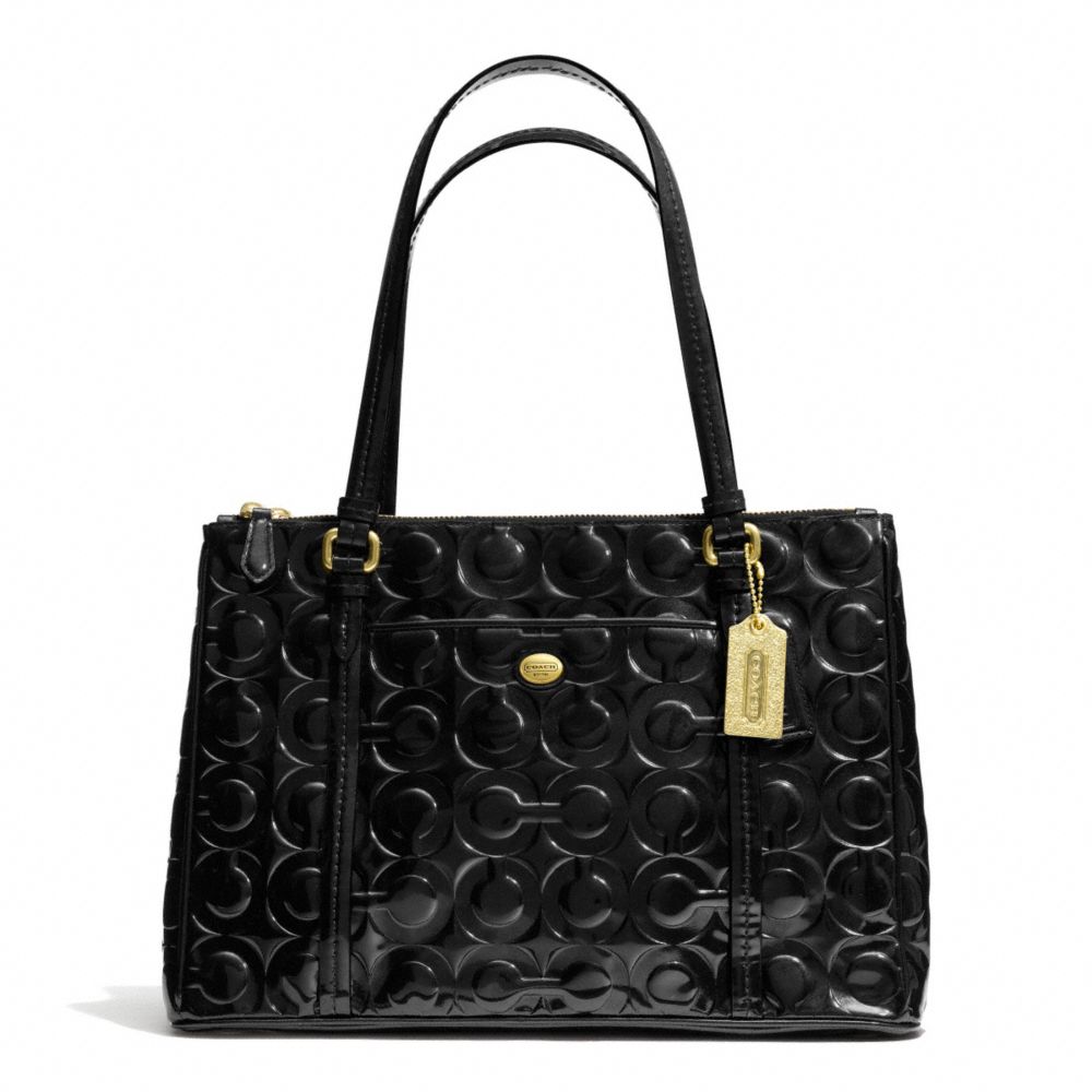 COACH PEYTON OP ART EMBOSSED PATENT JORDAN DOUBLE ZIP CARRYALL - BRASS/BLACK - F24607