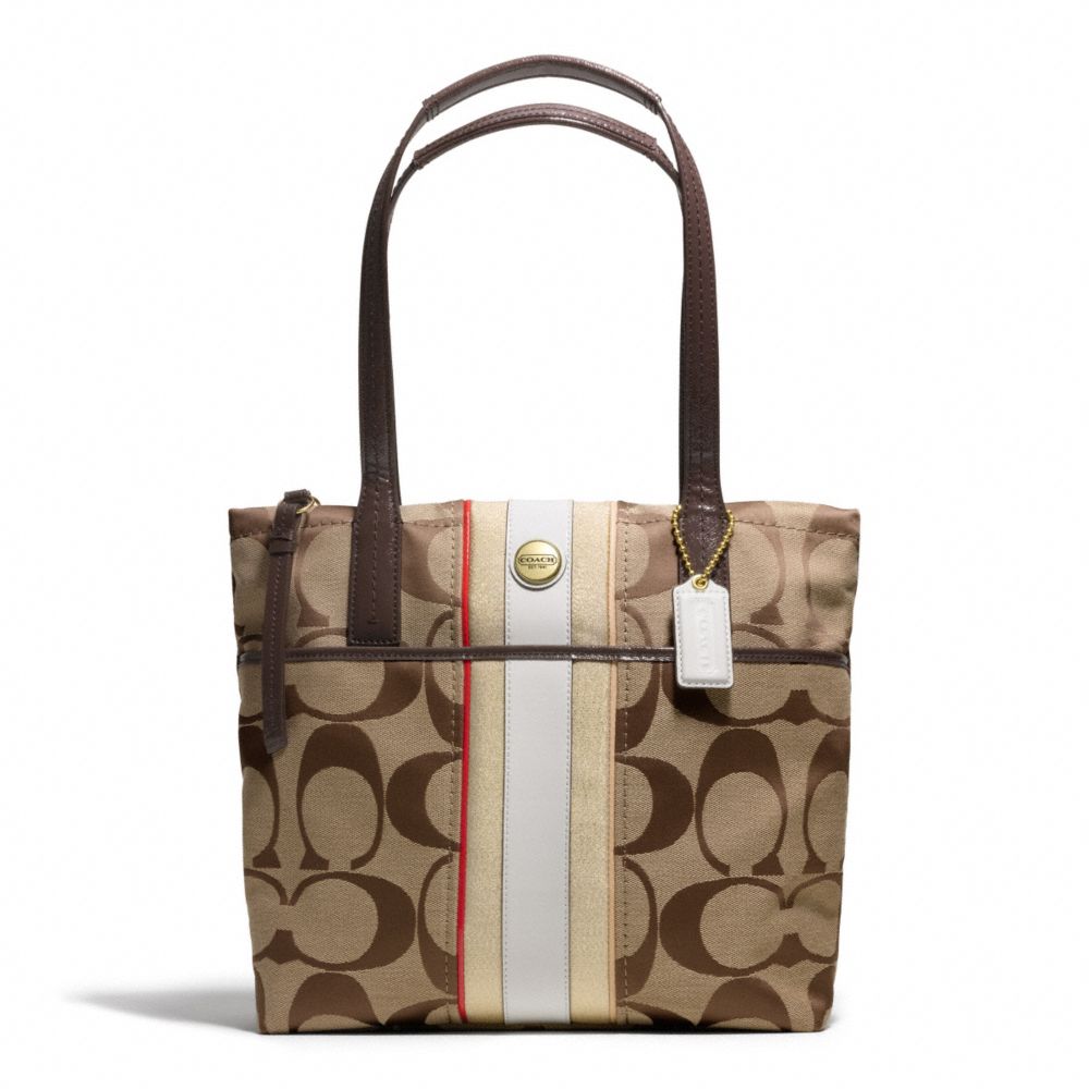 COACH SIGNATURE STRIPE MULTI STRIPE TOTE - BRASS/KHAKI/VERMILLION MTI - F24666