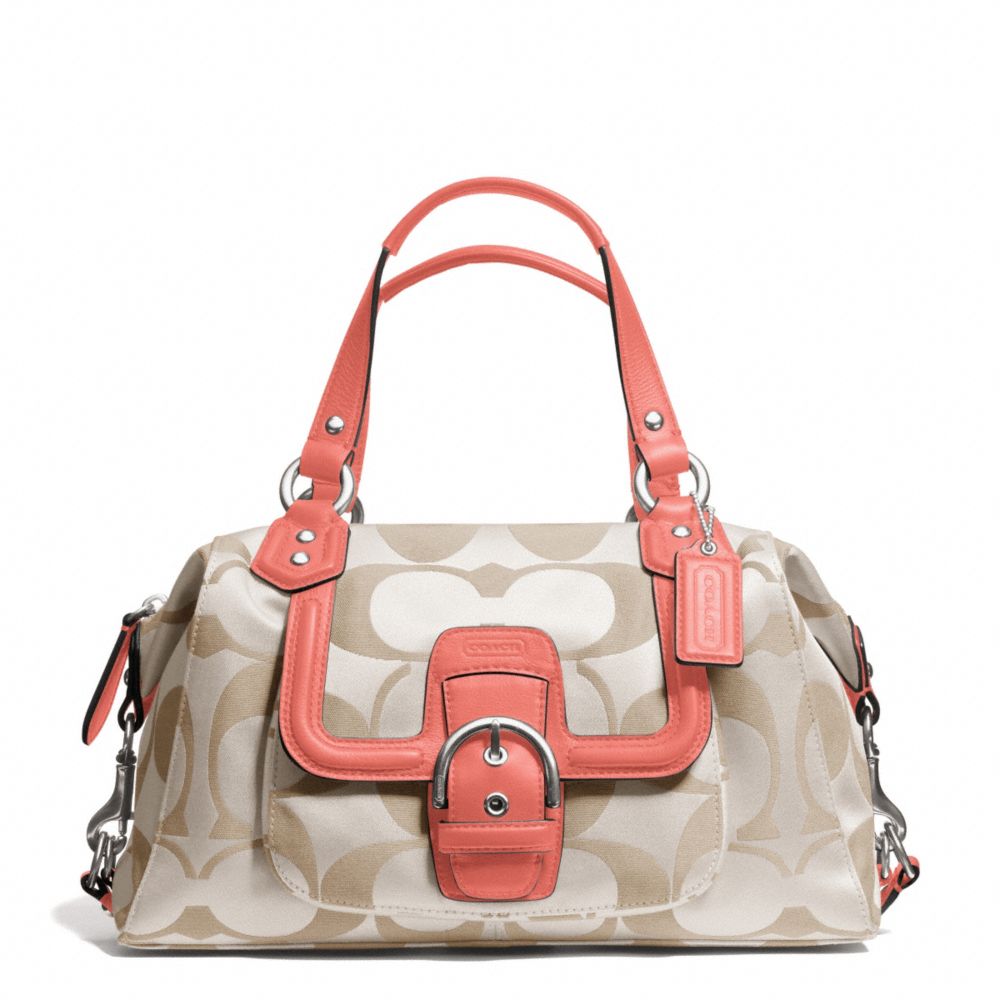 COACH CAMPBELL SIGNATURE SATCHEL - SILVER/LIGHT KHAKI/CORAL - F24741