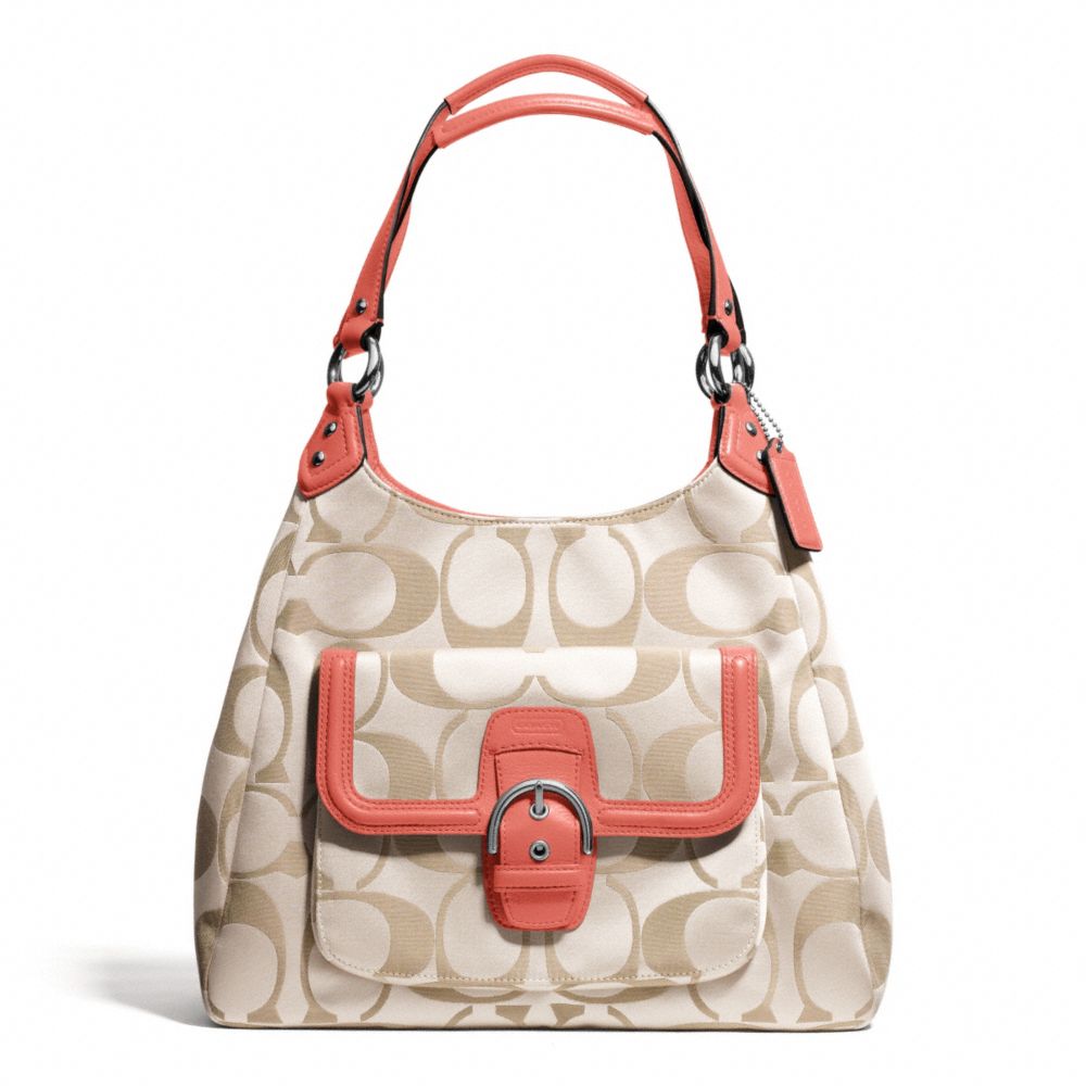 COACH CAMPBELL SIGNATURE HOBO - SILVER/LIGHT KHAKI/CORAL - F24742