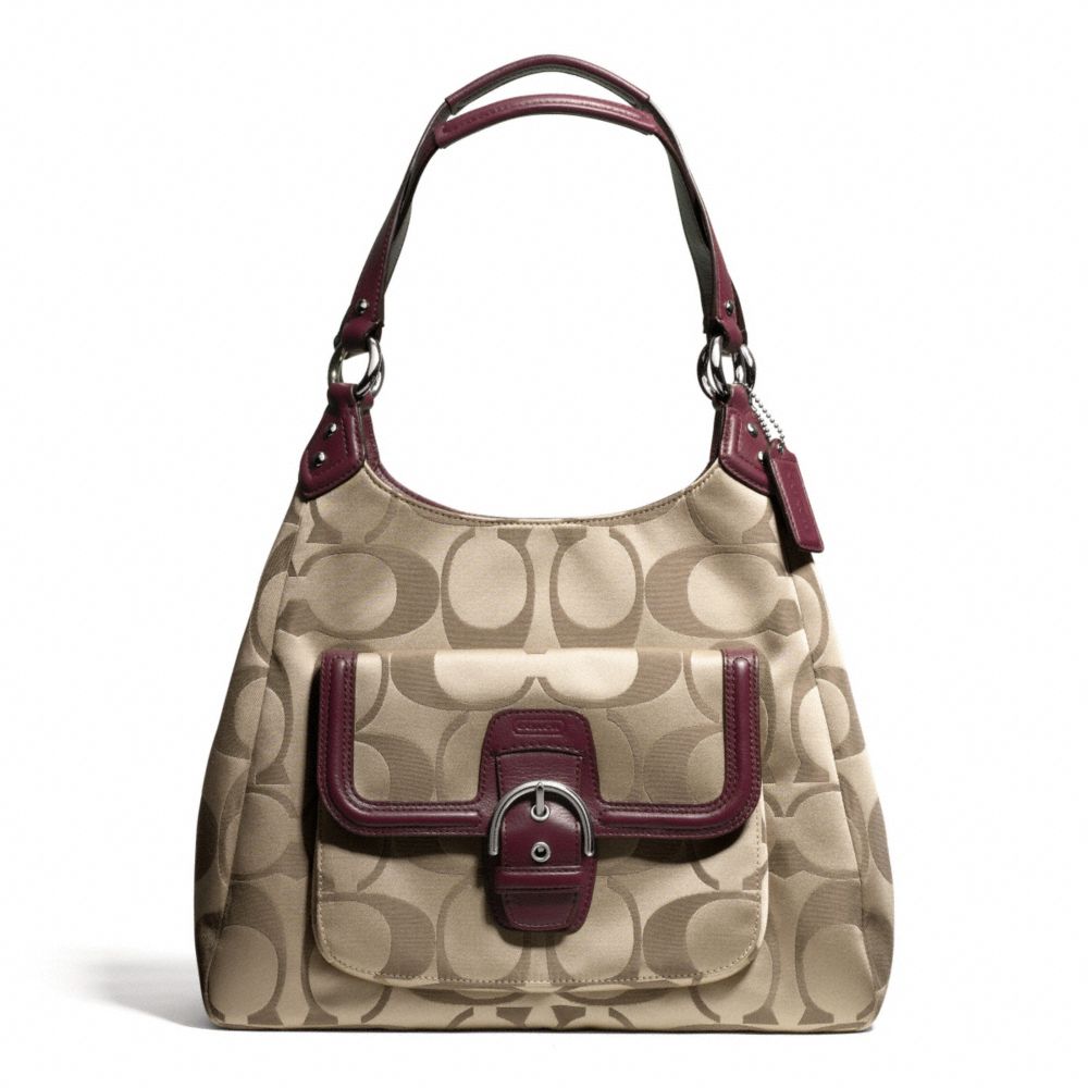 COACH CAMPBELL SIGNATURE HOBO - SILVER/KHAKI/BURGUNDY - F24742