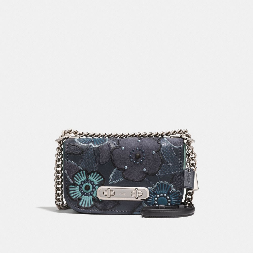 COACH COACH SWAGGER SHOULDER BAG 20 WITH PATCHWORK TEA ROSE AND SNAKESKIN DETAIL - NAVY MULTI/SILVER - F24968