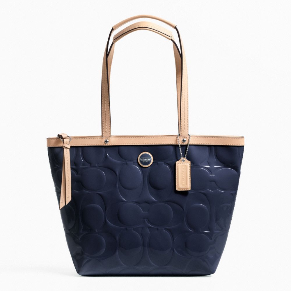 COACH SIGNATURE STRIPE EMBOSSED PATENT TOTE - SILVER/NAVY/TAN - F25187