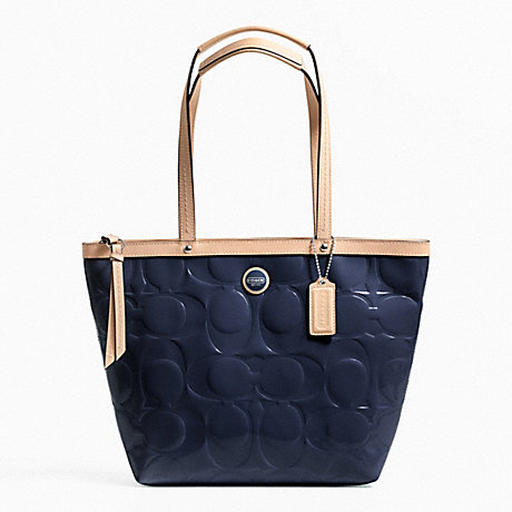 COACH SIGNATURE STRIPE EMBOSSED PATENT TOTE - SILVER/NAVY/TAN - f25187