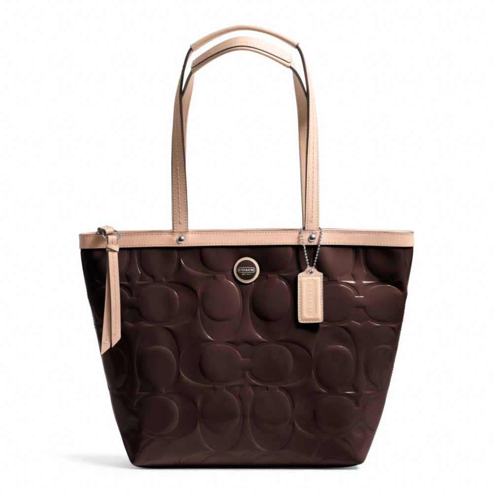 COACH SIGNATURE STRIPE EMBOSSED PATENT TOTE - SILVER/BROWN/TAN - F25187