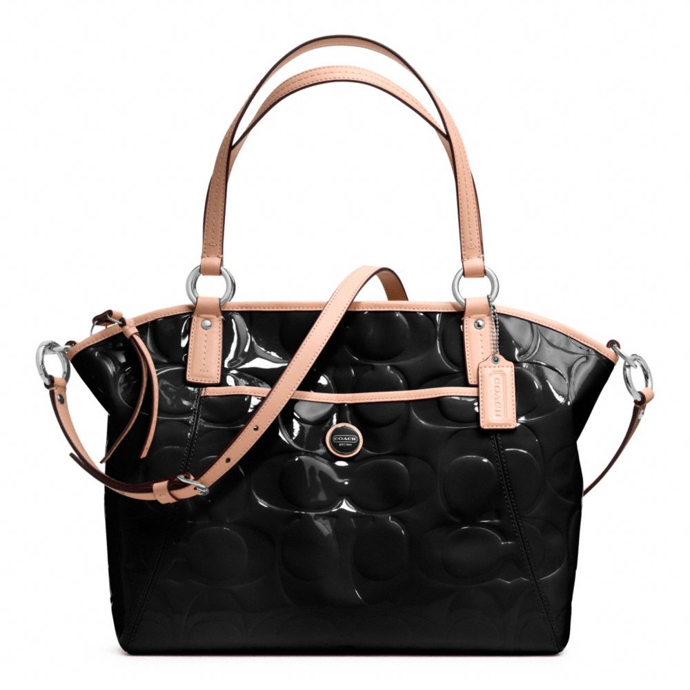 COACH SIGNATURE STRIPE EMBOSSED PATENT POCKET TOTE - SILVER/BLACK/TAN - F25188