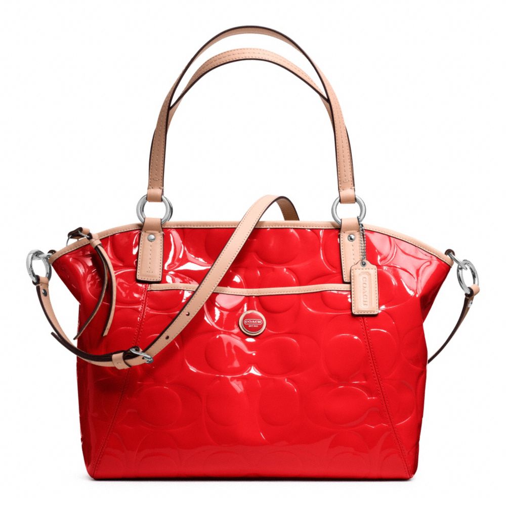 COACH SIGNATURE STRIPE EMBOSSED PATENT POCKET TOTE - SILVER/VERMILLION/TAN - F25188