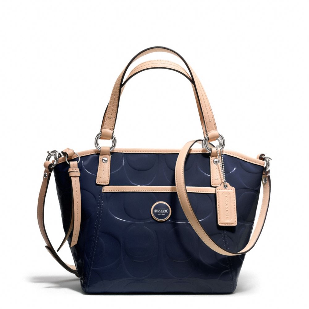 COACH SIGNATURE STRIPE EMBOSSED PATENT SMALL POCKET TOTE - SILVER/NAVY/TAN - F25190