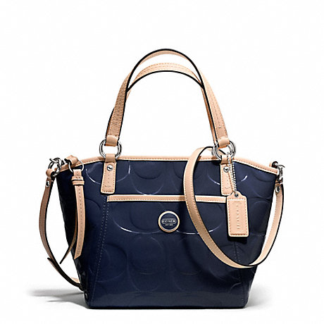 COACH SIGNATURE STRIPE EMBOSSED PATENT SMALL POCKET TOTE - SILVER/NAVY/TAN - f25190