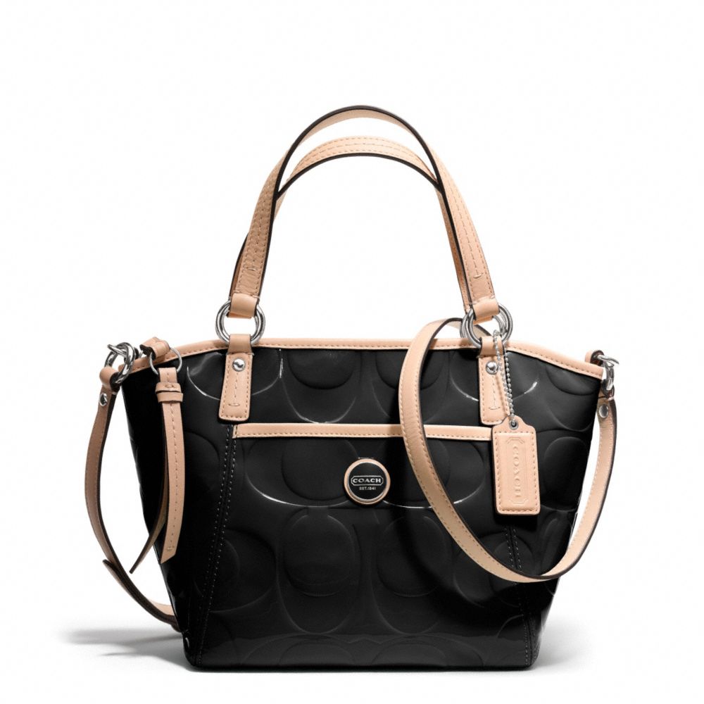 COACH SIGNATURE STRIPE EMBOSSED PATENT SMALL POCKET TOTE - ONE COLOR - F25190