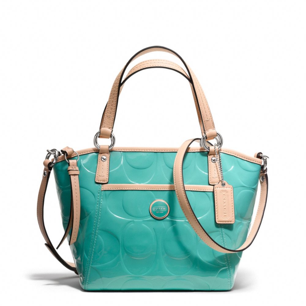 COACH SIGNATURE STRIPE EMBOSSED PATENT SMALL POCKET TOTE - SILVER/JEWEL GREEN/TAN - F25190