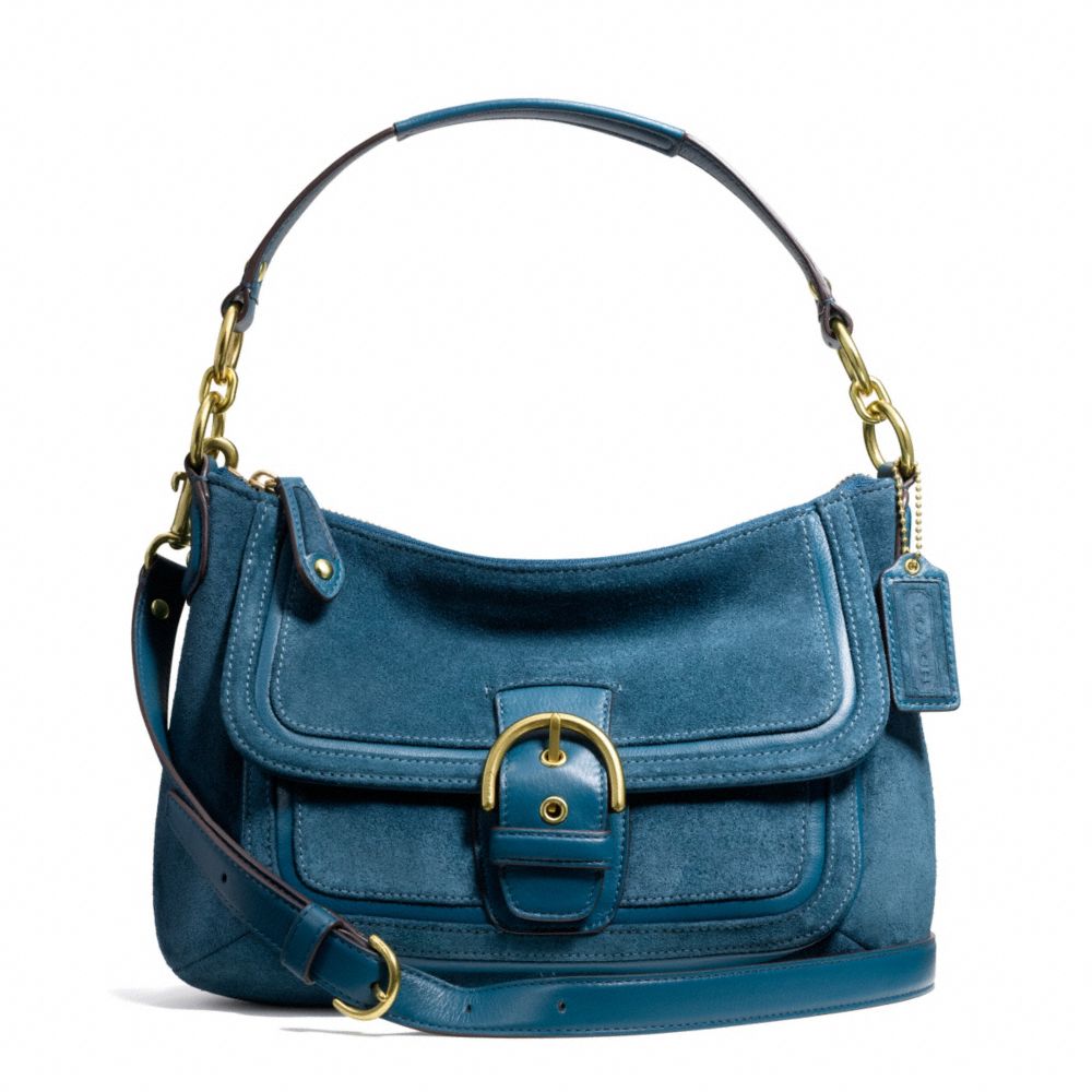 COACH CAMPBELL SUEDE SMALL CONVERTIBLE HOBO - BRASS/TEAL - F25302