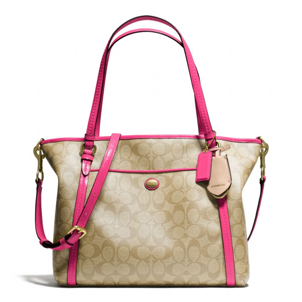 PEYTON POCKET TOTE IN SIGNATURE FABRIC - COACH f25504 - BRASS/LT KHAKI/POMEGRANATE