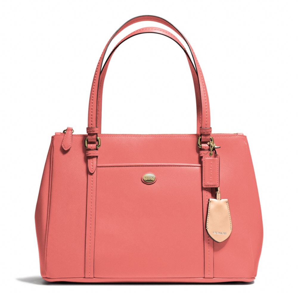 COACH PEYTON LEATHER JORDAN DOUBLE ZIP CARRYALL - BRASS/CORAL - F25669