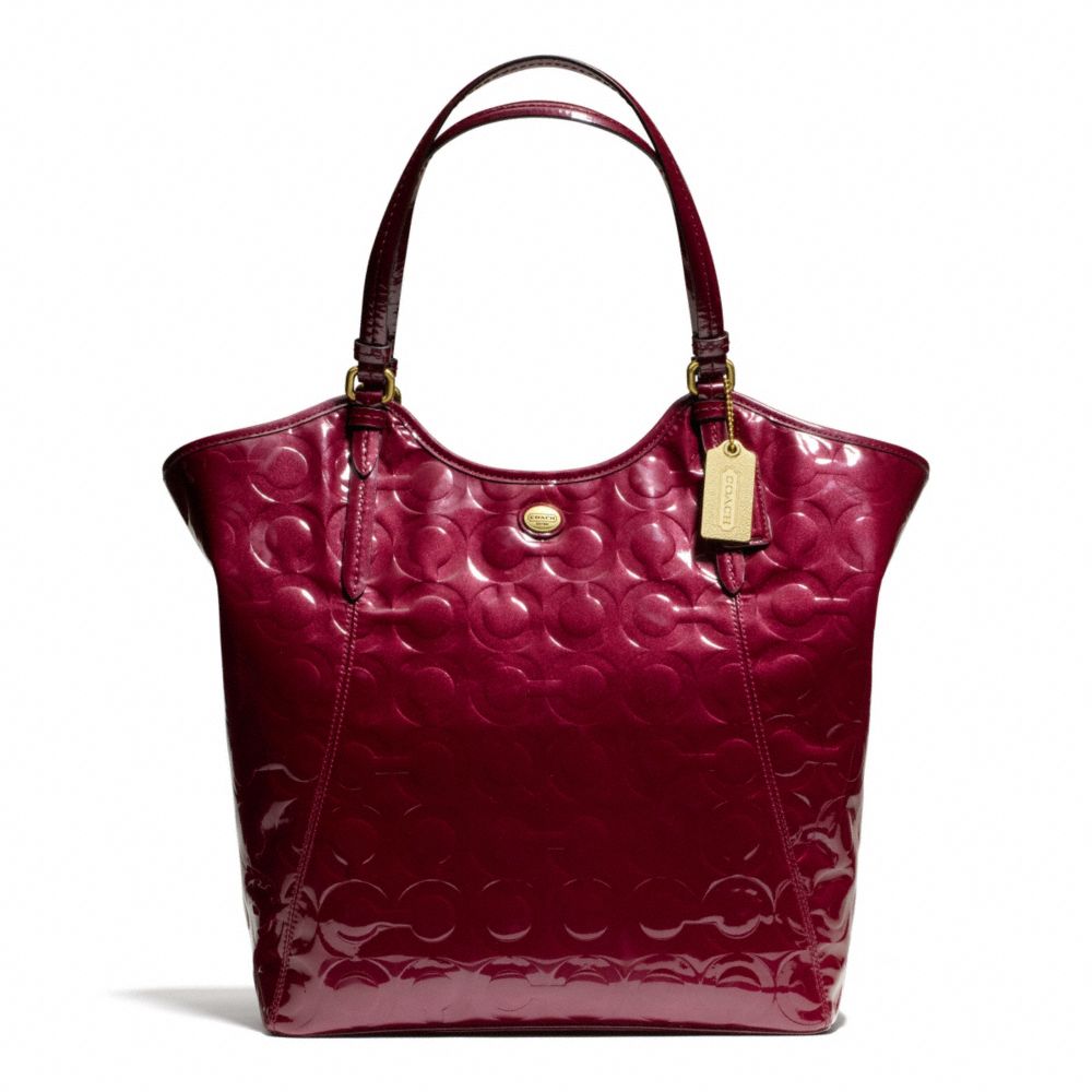 COACH PEYTON OP ART EMBOSSED PATENT TOTE - BRASS/MERLOT - F25703