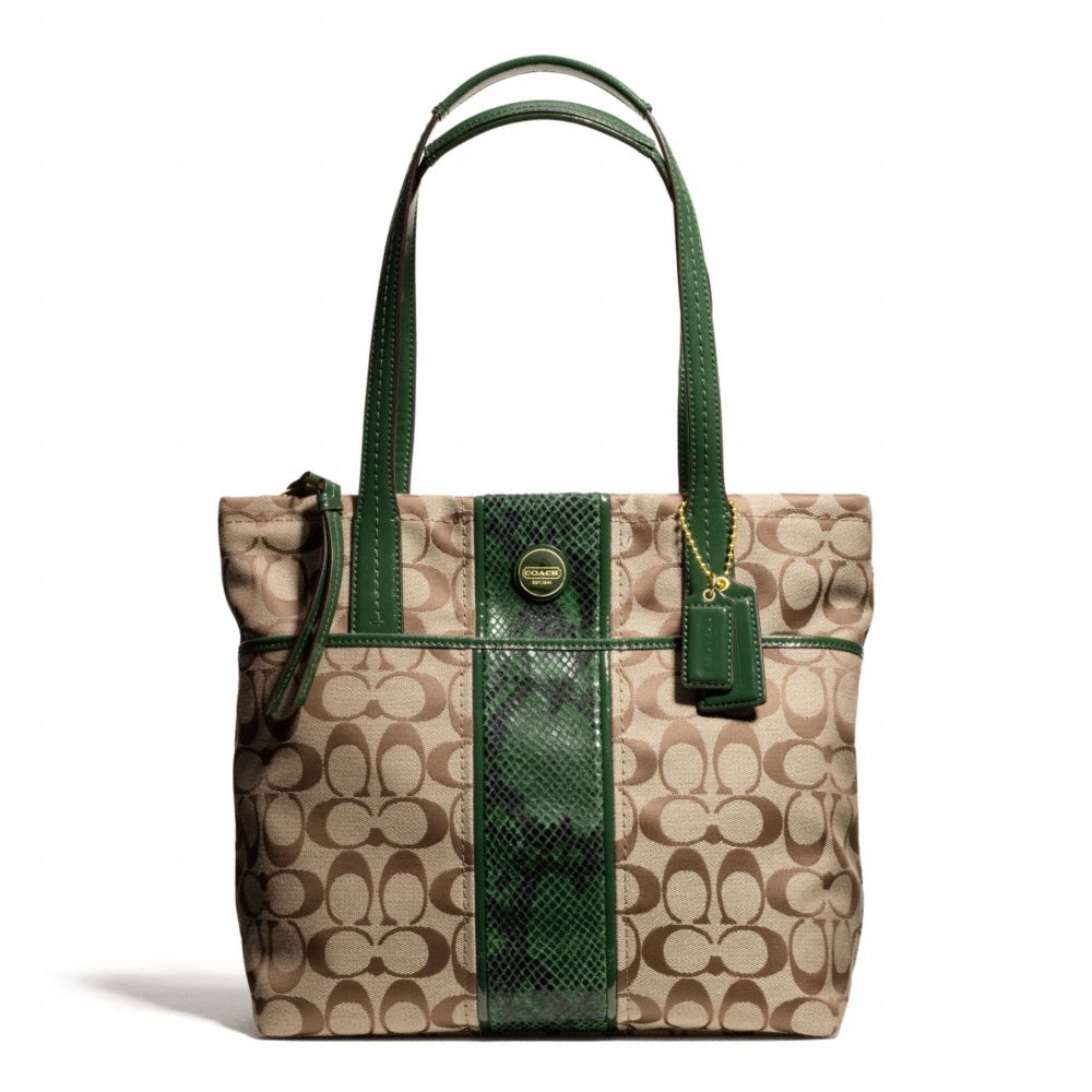 COACH SIGNATURE STRIPE PYTHON STRIPE TOTE - BRASS/KHAKI/GREEN - F25706