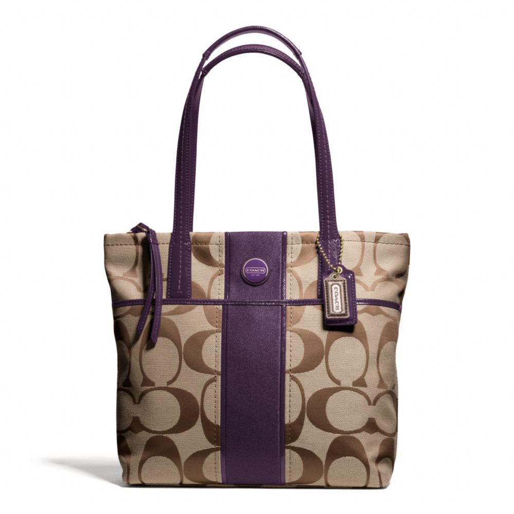 COACH SIGNATURE STRIPE TOTE - BRASS/KHAKI/PURPLE - F25771