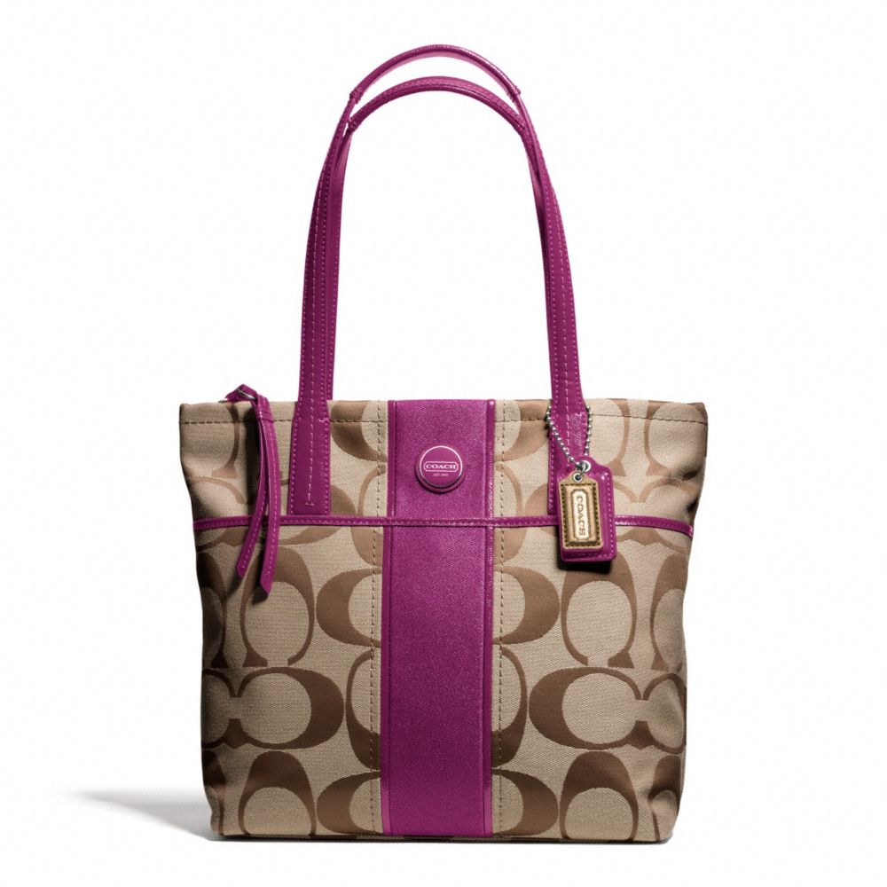 SIGNATURE STRIPE TOTE - COACH f25771 - SILVER/KHAKI/PASSION BERRY