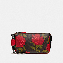 COACH LARGE WRISTLET 19 WITH CAMO ROSE FLORAL PRINT - BLACK ANTIQUE NICKEL/BROWN RED MULTI - F25787