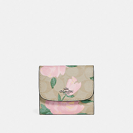 COACH SMALL WALLET WITH CAMO ROSE FLORAL PRINT - SILVER/LIGHT KHAKI BLUSH MULTI - f25930
