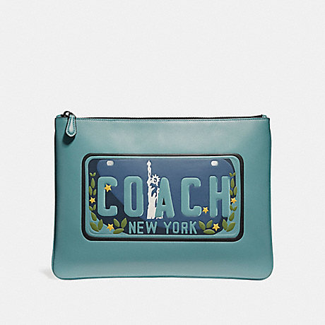 COACH LARGE POUCH WITH LICENSE PLATE - SLATE - f26090