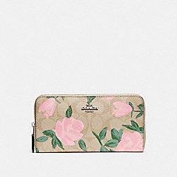 COACH ACCORDION ZIP WALLET IN SIGNATURE CANVAS WITH CAMO ROSE FLORAL PRINT - LIGHT KHAKI BLUSH MULTI/SILVER - F26290