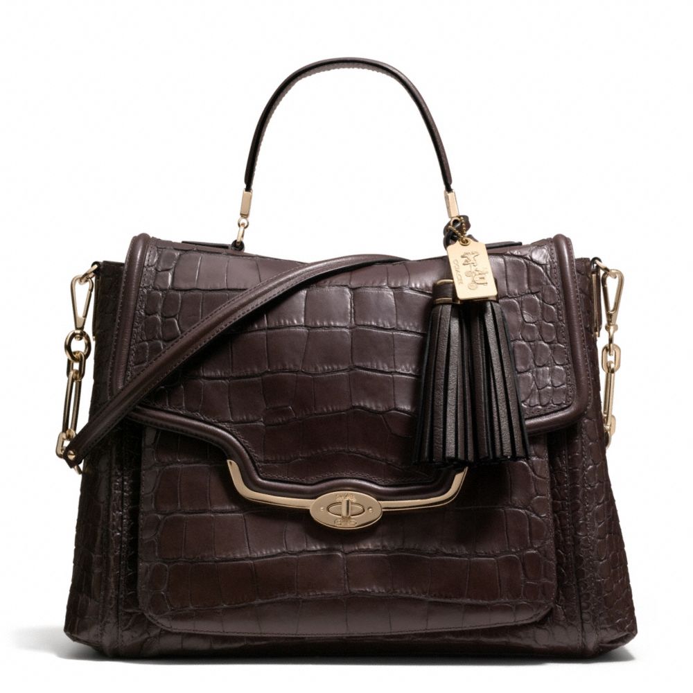 COACH MADISON CROC EMBOSSED LARGE SADIE FLAP SATCHEL - LIGHT GOLD/ESPRESSO - F26335